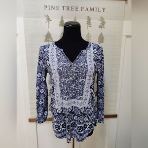Lucky Brand Boho Batik Tunic Top - Navy & White Floral Print - Size Medium
